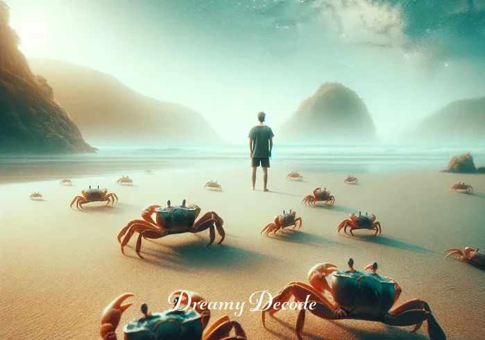 dream about crabs meaning _ A person standing on a sandy beach, gazing at the horizon as several crabs scuttle across the sand around their feet. The scene captures a moment of contemplation and connection with nature, reflecting a sense of exploration and discovery in a dream setting.