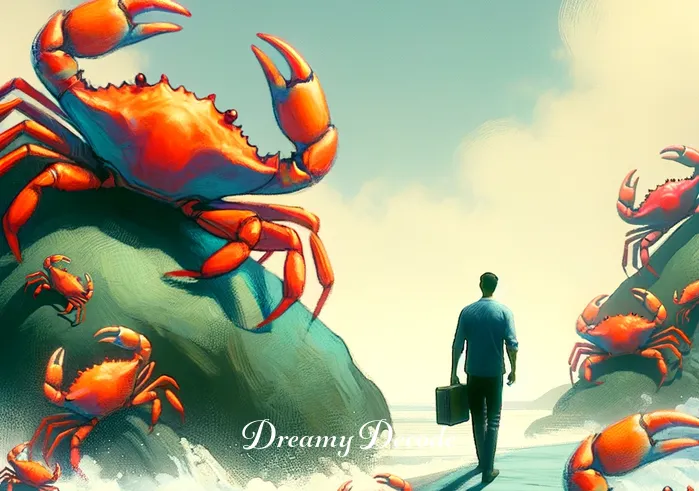 dream about crabs meaning _ A dream sequence where a person is carefully navigating a rocky shoreline, avoiding crabs of various sizes. The crabs are depicted in vibrant colors, symbolizing challenges and obstacles in the dreamer