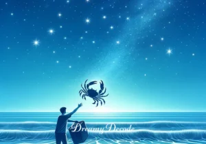 dream about crabs meaning _ A tranquil scene of a person releasing a crab back into the ocean under a starry sky. This act symbolizes letting go of fears or troubles, as seen in the dream context. The stars and gentle waves create a serene and hopeful atmosphere, indicating resolution and peace.