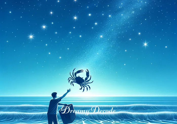 dream about crabs meaning _ A tranquil scene of a person releasing a crab back into the ocean under a starry sky. This act symbolizes letting go of fears or troubles, as seen in the dream context. The stars and gentle waves create a serene and hopeful atmosphere, indicating resolution and peace.