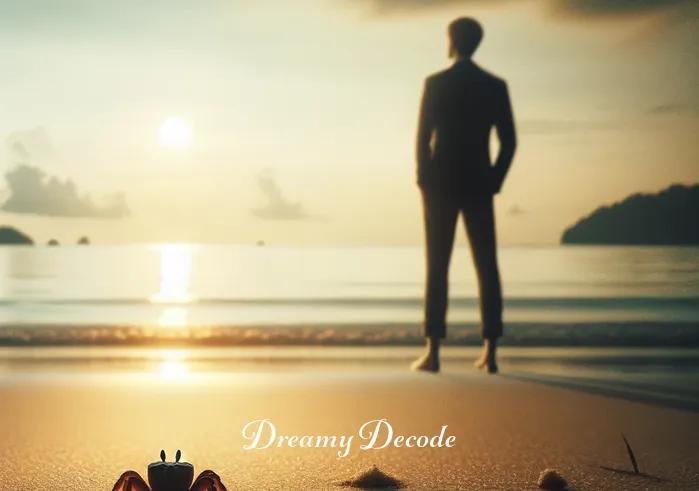 dream meaning of crabs _ A person standing on a serene beach, gazing thoughtfully at the horizon where the sky meets the sea. In the foreground, a small crab scuttles across the sand, leaving tiny tracks behind. The setting sun casts a warm, golden glow over the scene, symbolizing contemplation and the search for meaning.