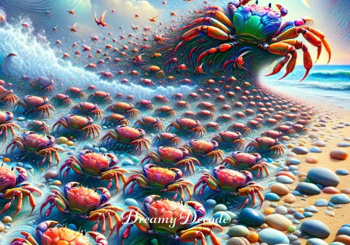 dream meaning of crabs _ A dream sequence showing a cluster of crabs of various sizes moving together along the seashore. The crabs are depicted in vibrant colors, navigating through pebbles and seashells. This image represents the theme of unity and collective journey in dreams.