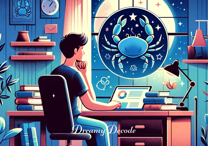 dream meaning of crabs _ An illustration of a person seated at a desk, surrounded by books and a laptop, researching the symbolic meanings of crabs in dreams. The room is well-lit and cozy, with a window showing a starry night sky, symbolizing the quest for knowledge and understanding of dream symbolism.