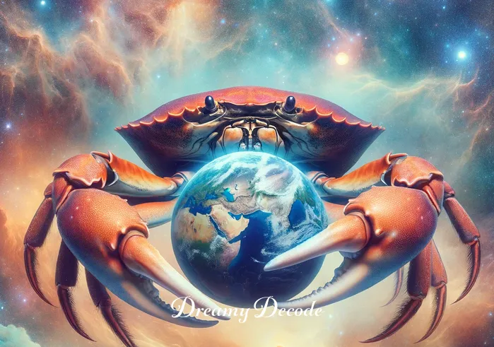 dream meaning of crabs _ A surreal image of a giant crab gently holding a globe in its claws, set against a cosmic background with stars and nebulae. This represents the interpretation of crabs in dreams as symbols of protection and the vastness of the subconscious mind.