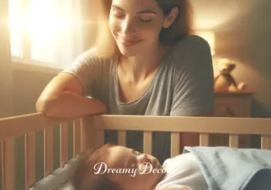 baby poop dream meaning _ The dream concludes with the parent waking up with a gentle smile, looking at their sleeping baby in the crib. The room is now bright with morning sunlight, signifying a new understanding or revelation about the journey of parenting and the symbolic meanings discovered in the dream.