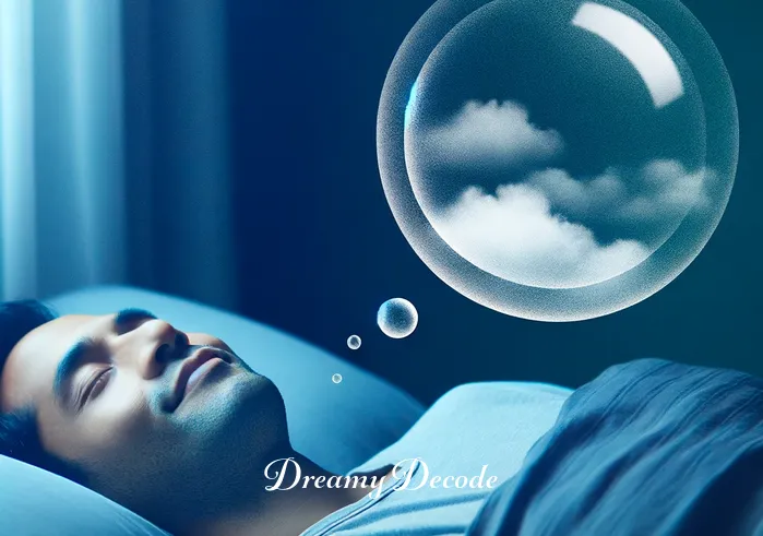 dream of crabs meaning _ A person peacefully sleeping in their bed, with a soft smile on their face. The room is dimly lit, creating a serene atmosphere. A large, transparent bubble appears above their head, indicating the beginning of a dream sequence.