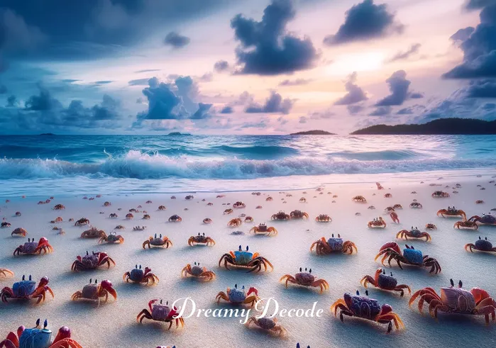 dream of crabs meaning _ The dream bubble reveals a sandy beach under a twilight sky, with gentle waves lapping the shore. Numerous crabs of various sizes and colors are scattered across the sand, moving in harmony.