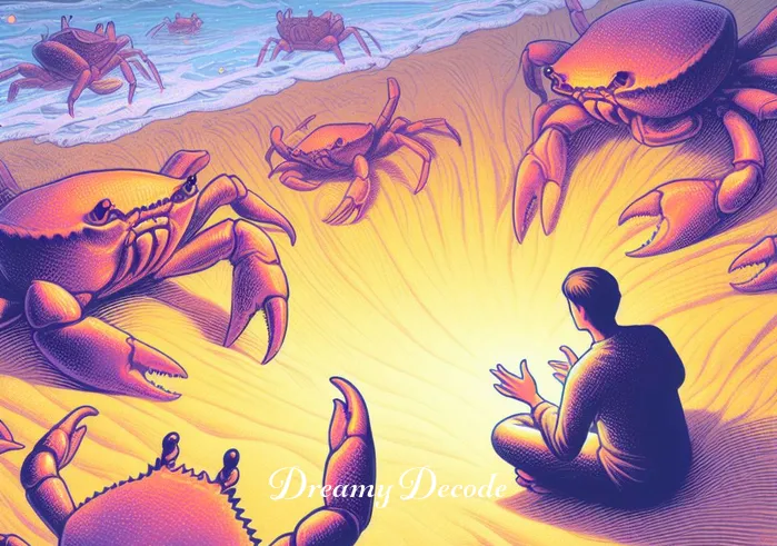 dream of crabs meaning _ Inside the dream, the dreamer is seen interacting with the crabs. They are sitting cross-legged on the beach, observing the crabs with curiosity and wonder. The crabs seem to be leading the dreamer towards a glowing object partially buried in the sand.