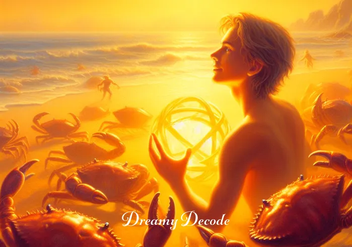 dream of crabs meaning _ The final scene shows the dreamer holding the glowing object, a crystal-like orb, while surrounded by the crabs. The beach is bathed in a warm, golden light, and the dreamer appears to have an expression of realization and enlightenment.