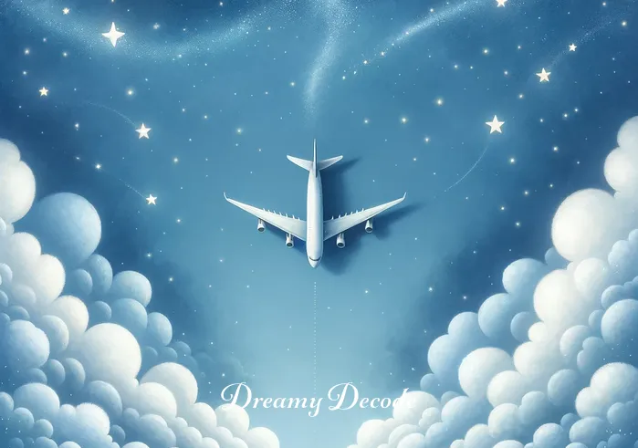airplane crash dream meaning _ A serene night sky with twinkling stars, beneath which a large, detailed airplane gently ascends. The airplane, painted in soft hues of blue and white, symbolizes the beginning of a journey or a new venture, often associated with dreams about taking off in an airplane.