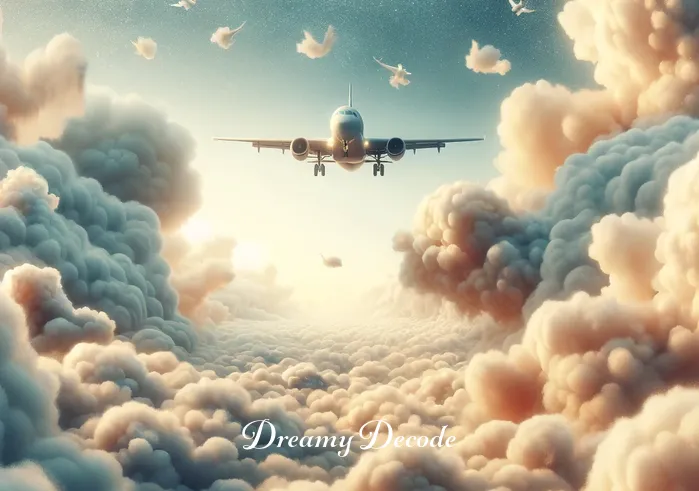 airplane crash dream meaning _ A dreamlike, surreal image where the airplane from the previous scene is now flying amidst fluffy, cotton-like clouds. The airplane appears smaller, symbolizing feelings of uncertainty or anxiety, common in dreams about flying and related to personal challenges or fears.