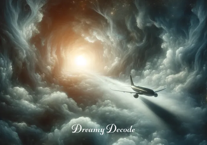 airplane crash dream meaning _ An ethereal scene where the airplane is now depicted with its lights dimmed, surrounded by swirling, misty clouds. This represents the climax of the dream narrative, where feelings of loss of control or fear of the unknown are often manifested in airplane crash dreams.