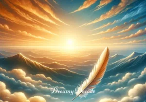 airplane crash dream meaning _ A peaceful and comforting image of a sunrise with warm colors spreading across the sky, symbolizing a new beginning. In the foreground, a feather gently falls towards the ground, representing the resolution of the dream and the overcoming of fears or anxieties associated with airplane crashes in dreams.