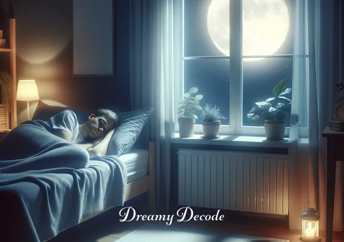 crash dream meaning _ A person peacefully sleeping in a cozy bedroom, under soft moonlight filtering through the window. The room is decorated in soothing colors, suggesting a calm and serene atmosphere, ideal for dreaming.