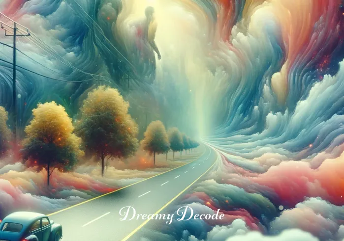 crash dream meaning _ A vivid dream sequence where the dreamer is driving a car along a misty road. The surroundings are surreal, with a blend of soft colors and shapes that seem to shift and change, symbolizing the fluid nature of dreams.