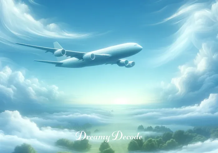 dream meaning airplane crash _ A serene dreamscape with a large, ethereal airplane gliding smoothly above a lush green landscape. The sky is a tranquil blue with soft, white clouds scattered lightly, creating a sense of peacefulness and safety.