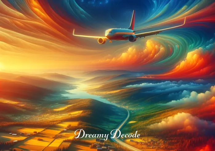 dream meaning airplane crash _ A vivid dream scene where the airplane begins a gentle descent. The landscape below is a blend of rolling hills and small towns, bathed in the warm glow of sunset. The scene evokes a sense of controlled change and transition.