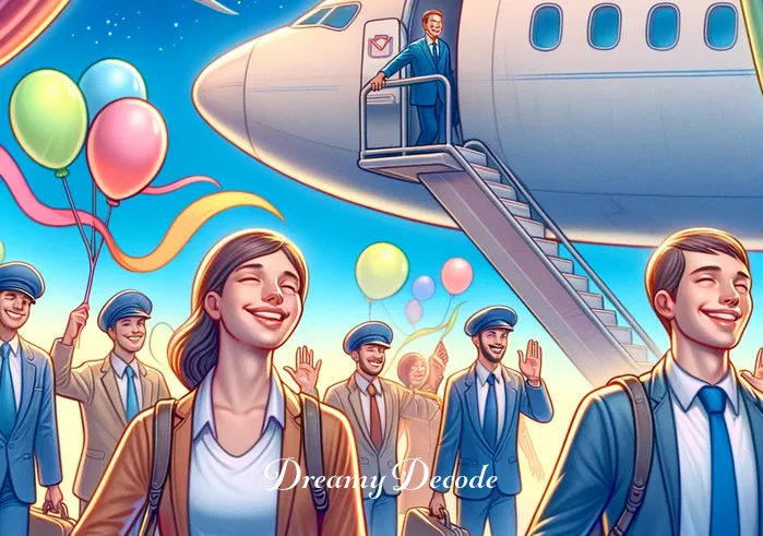 dream meaning airplane crash _ A final dream sequence showing passengers disembarking from the airplane, smiling and relaxed. They are greeted by a welcoming party with colorful banners, symbolizing the end of a journey and the joy of safe arrival and new beginnings.