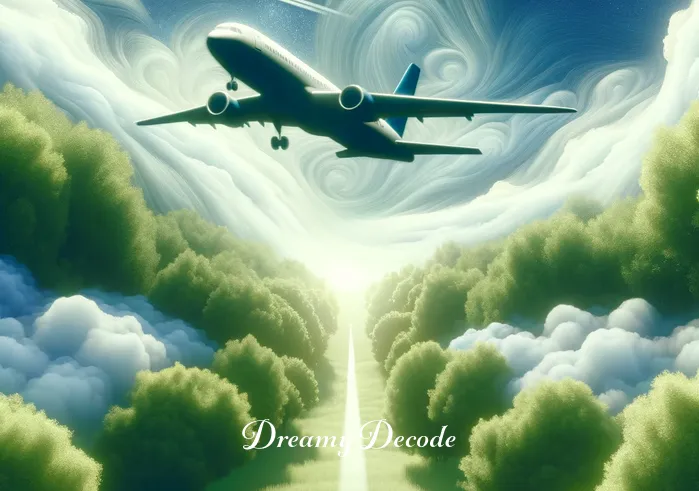 dream meaning of plane crash _ A dream scene where a plane is shown in a still, suspended state above a soft sea of clouds, indicating a moment of tension or challenge in the dream narrative.