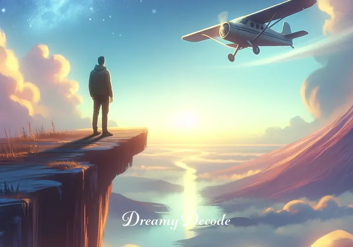 dream meaning plane crash _ A vivid dream landscape, with a person standing at the edge of a cliff, gazing at the vast sky. In the distance, a small airplane is seen flying peacefully, symbolizing the beginning of a journey or a venture in the dreamer