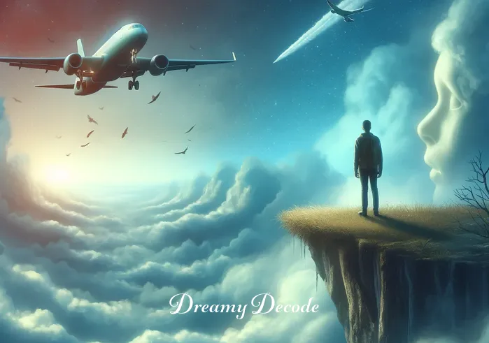 dream meaning plane crash _ The same dream landscape, now with the airplane in the sky beginning to descend unexpectedly, creating a sense of surprise and uncertainty. The person on the cliff watches intently, representing the dreamer