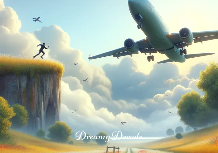 dream meaning plane crash _ The airplane in the dream has now made a gentle emergency landing in an open field, surrounded by wildflowers. The person on the cliff is now running towards the plane, symbolizing the dreamer