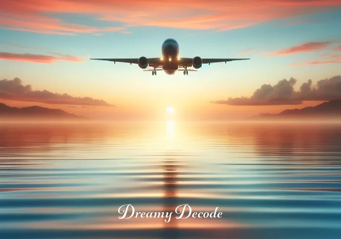 dream meaning plane crash into water _ A dreamlike, surreal image of a large airplane gently descending towards a vast, tranquil ocean. The sky is a gradient of soft oranges and pinks, resembling a peaceful sunset. The plane, although large and detailed, appears almost ethereal and weightless as it nears the water’s surface, creating a sense of calm rather than panic.
