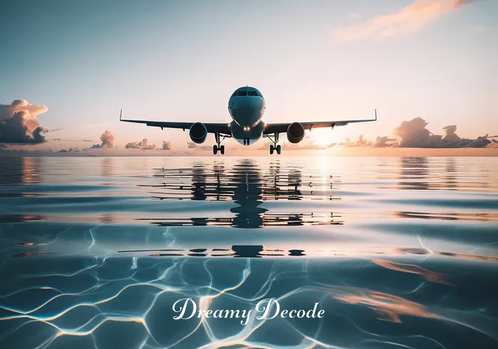 dream meaning plane crash into water _ A serene, almost otherworldly depiction of the moment just before an airplane touches the ocean. The water is crystal clear and reflects the hues of the sunset sky, while the airplane casts a graceful shadow on the water’s surface. There is an air of quiet anticipation and the scene is devoid of any sense of danger or fear.