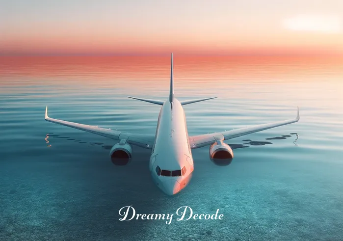 dream meaning plane crash into water _ An imaginative portrayal of an airplane partially submerged in clear, calm water. The tail of the plane is still visible above the waterline, and the surrounding sea is depicted as tranquil and undisturbed. The colors of the sunset are now mirrored in the water, creating a harmonious and oddly comforting scene.