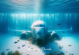 dream meaning plane crash into water _ A final, dreamlike scene showing the airplane completely submerged in the ocean, yet visible through the crystal-clear water. The scene is tranquil, with colorful fish swimming around the submerged plane, which now rests peacefully on the sandy ocean floor. The atmosphere is one of serenity and closure, with no sense of catastrophe.
