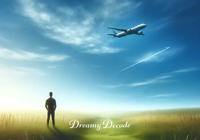 dream plane crash meaning _ A vivid dream where a person stands in a tranquil meadow, gazing at a distant airplane gliding smoothly in the clear blue sky, symbolizing a journey or a new venture in their life.