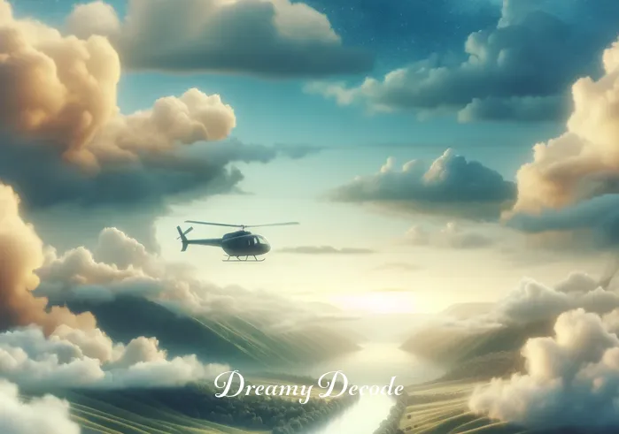 helicopter crash dream meaning _ A serene dreamscape unfolds, showing a vast, cloud-filled sky. In the distance, a small, toy-like helicopter hovers, its blades spinning slowly. The helicopter is intact, floating dreamily above a landscape of rolling, verdant hills and a calm, winding river, embodying the essence of freedom and adventure in dreams.