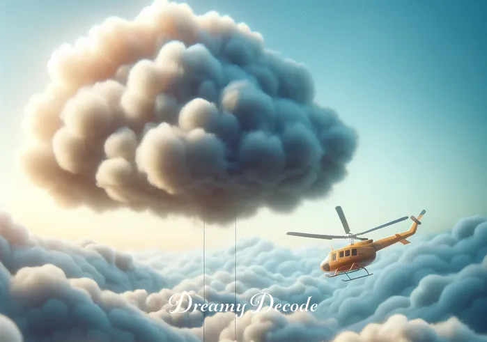 helicopter crash dream meaning _ The dream shifts to show the toy helicopter now gently descending towards a soft, fluffy cloud. The image is peaceful and surreal, with the helicopter