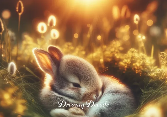 baby rabbit dream meaning _ A baby rabbit nestled in soft grass, bathed in golden sunrise light, symbolizing new beginnings and hope.