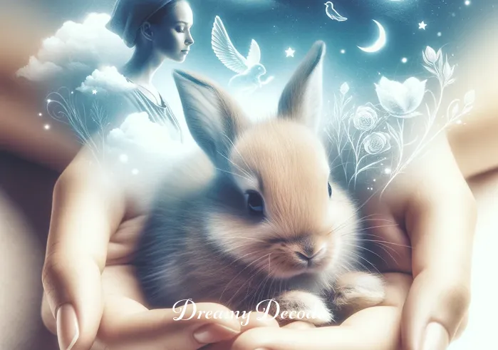 baby rabbit dream meaning _ A person gently holding a baby rabbit in their hands, illustrating care and nurturing themes in dreams.