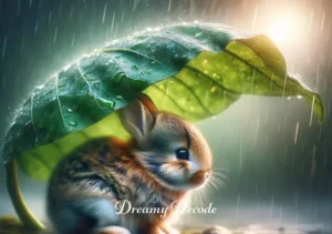 baby rabbit dream meaning _ The baby rabbit finding shelter under a leaf during a gentle rain, depicting protection and overcoming challenges in dreams.
