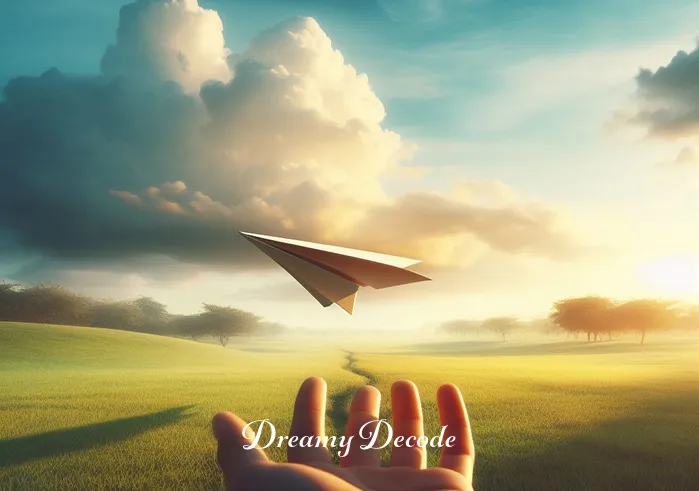 meaning of plane crash dream _ The final scene in the dream sequence, showcasing a gently landed paper plane on a grassy field under a sunny sky. The imagery conveys a peaceful resolution, symbolizing the safe end of the dream journey without any hints of violence or negativity.