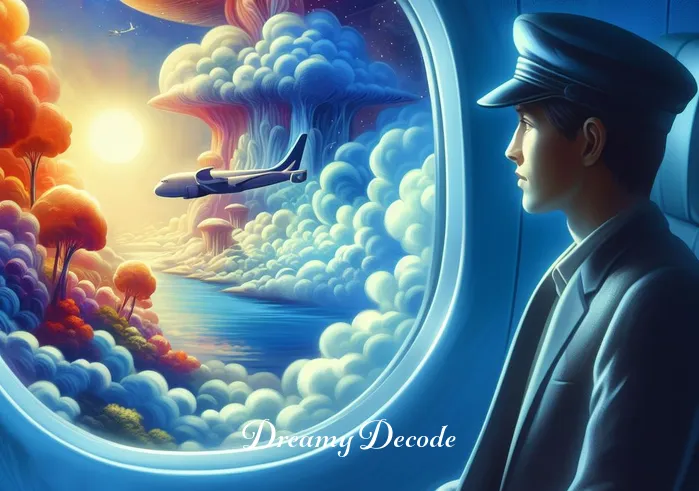plane crash dream meaning _ A vivid illustration of a passenger looking out of an airplane window, gazing upon a dreamscape of floating islands and surreal cloud formations. The serene expression on the passenger