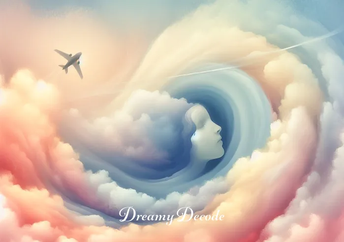 plane crash dream meaning _ A gentle transition to the passenger now dreaming, surrounded by a swirl of soft, pastel-colored clouds. The image captures the dreamer in a peaceful state, symbolizing a journey of self-discovery and the exploration of subconscious thoughts related to flying.