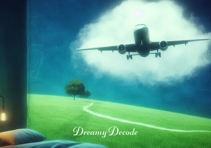 plane crash dream meaning _ An abstract representation of a plane gently descending towards a lush, green meadow in the dream. The scene is devoid of any distress, focusing instead on the symbolic landing as a metaphor for coming to terms with challenges or changes in the dreamer