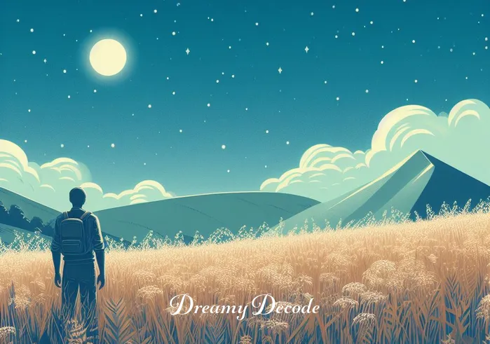 plane crash dream meaning _ A final scene depicting the dreamer standing amidst the meadow, looking up at the clear blue sky with a sense of accomplishment and resolution. The dream's conclusion is portrayed as a metaphor for overcoming fears and achieving emotional balance.