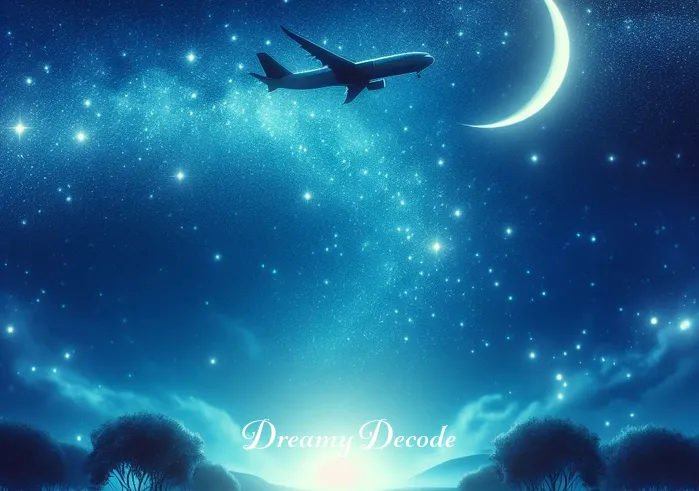 plane crash dream spiritual meaning _ A serene night sky, filled with stars, where a passenger airplane is seen in the distant horizon, flying smoothly, symbolizing the beginning of a journey and the sense of adventure in dreams.