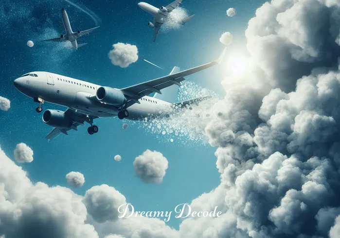 plane crash dream spiritual meaning _ A dreamlike scene where the same airplane is now slightly tilted, flying through a cluster of fluffy, white clouds, hinting at upcoming challenges or changes in the dreamer