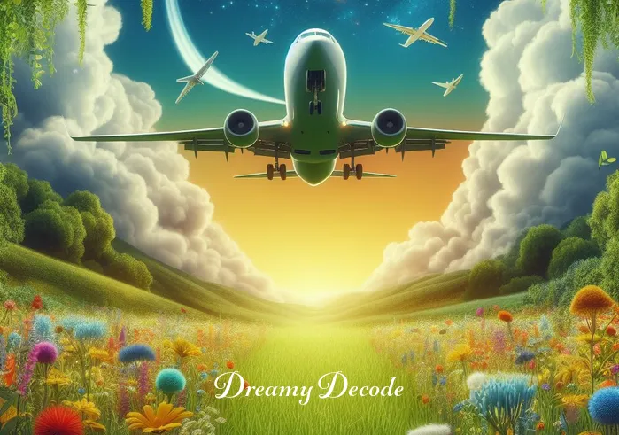 plane crash dream spiritual meaning _ The airplane gently descending towards a lush, green meadow, surrounded by vibrant wildflowers, representing a controlled landing in dreams and the process of facing and overcoming challenges.