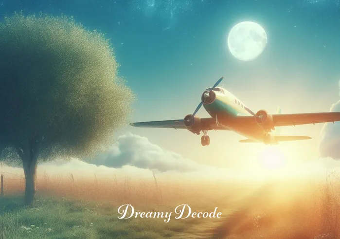 plane crash dream spiritual meaning _ A peaceful aftermath with the airplane safely landed in the meadow, under a bright, clear sky, symbolizing resolution, growth, and the positive spiritual transformation following a challenging experience in dreams.