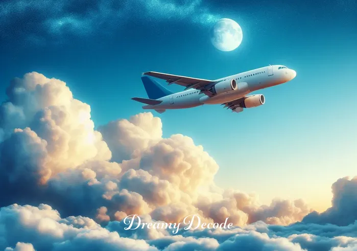 plane crash in dream meaning _ A vivid dreamscape shows a large airplane peacefully soaring above fluffy, white clouds under a clear blue sky. The plane represents ambition and journeying towards goals in the dreamer