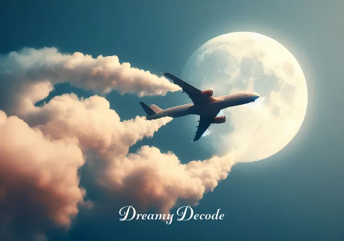 plane crash in dream meaning _ The same airplane is now seen with its engines releasing a gentle trail of smoke, symbolizing challenges or obstacles the dreamer may be encountering in their waking life.