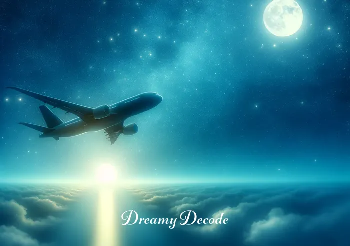 surviving plane crash dream meaning _ A vivid dreamscape under a starry night sky, where a passenger gazes out of an airplane window with a contemplative expression. The plane is smoothly gliding above a serene ocean, illuminated by the moon