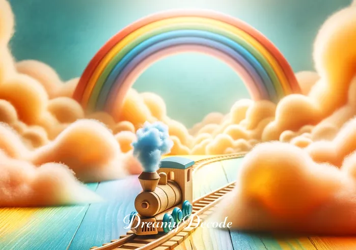 train crash dream meaning _ A dreamlike image of a toy train gently derailing on a wooden track amidst a whimsical, brightly-colored landscape. Fluffy clouds and a rainbow are in the background, symbolizing a surreal yet non-threatening scenario.