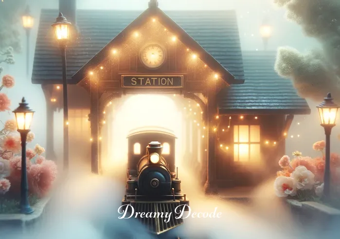 train crash dream meaning _ An ethereal depiction of a small, vintage steam train coming to a soft stop at a dreamy, mist-covered station. The station is adorned with flowers and soft lights, creating a peaceful and slightly mysterious atmosphere.